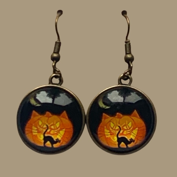 Alaska wild Rose designs Jewelry - Jack O’lantern Black Cat Halloween fishhook dangle earrings Earrings Pumpkin